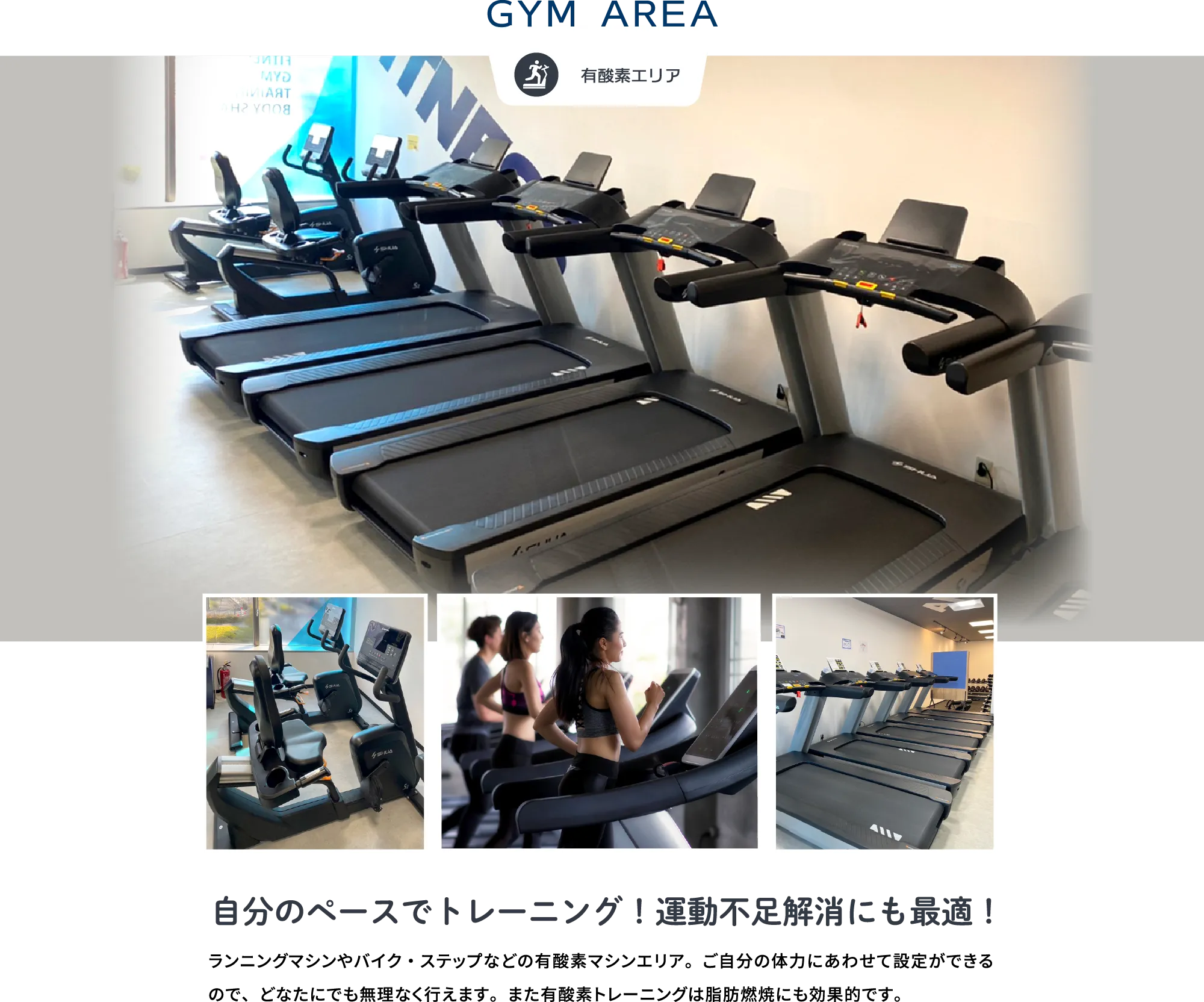 有酸素エリア。ランニングマシンやバイクが並ぶジムで、自分のペースでトレーニング。運動不足解消にも最適です。