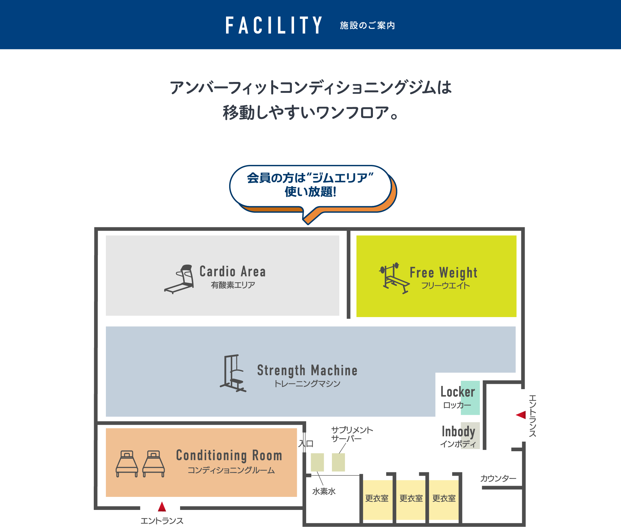 施設のご案内。移動しやすいワンフロアで、会員はジムエリア使い放題。フロア奥に有酸素エリアとフリーウエイト、中央にトレーニングマシン、手前にコンディショニングルームと更衣室を配置。エントランス付近にロッカー、インボディ、カウンターがあり、水素水とサプリメントサーバーも設置しています。