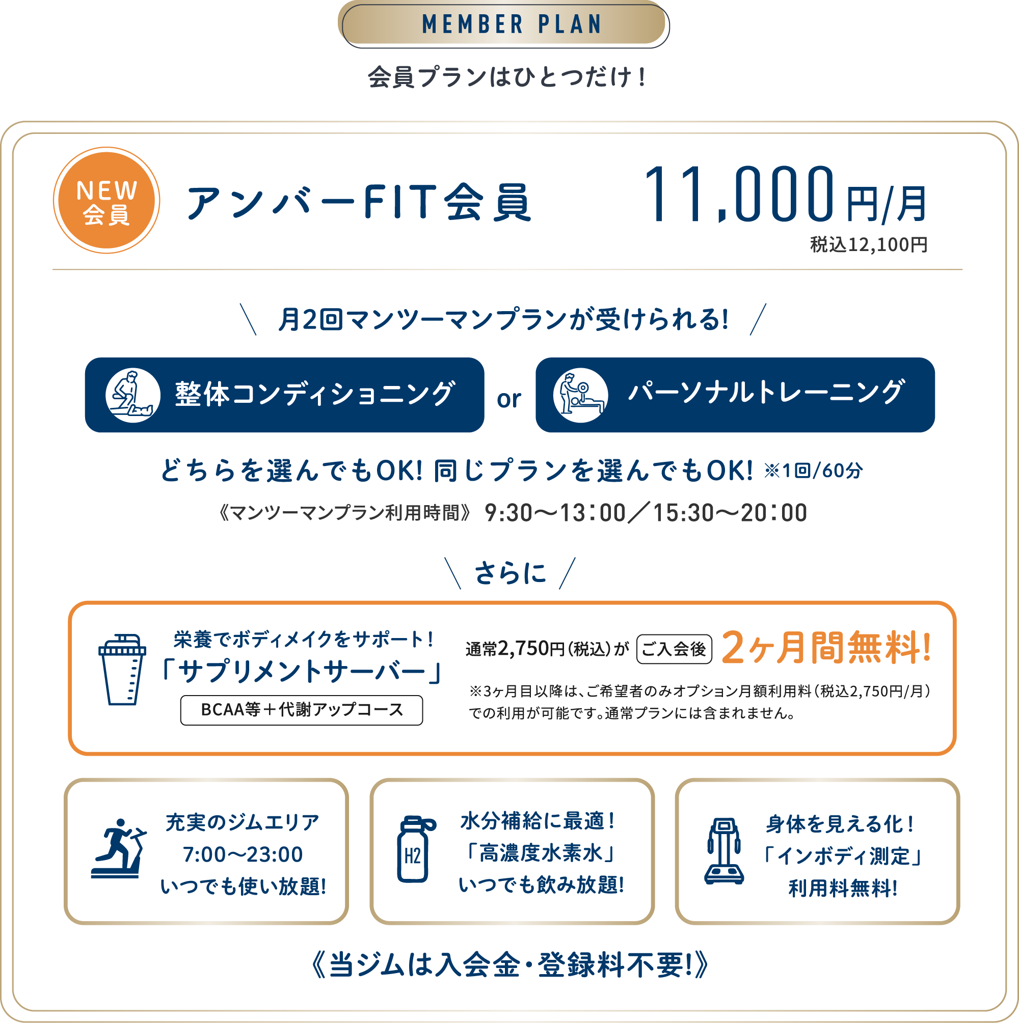 会員プランはひとつだけ。アンバーFIT会員：月額11,000円（税込12,100円）。整体コンディショニングまたはパーソナルトレーニングを月2回、1回60分利用可能。同じプランを2回選んでもOK。マンツーマンプラン利用時間は9:30〜13:00／15:30〜20:00。サプリメントサーバーは入会後2ヶ月間無料。3ヶ月目以降は希望者のみ月額2,750円（税込）のオプションとなり、通常プランには含まれません。ジムエリアは7:00〜23:00使い放題、高濃度水素水は飲み放題、インボディ測定は無料。入会金・登録料不要。